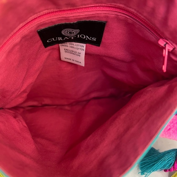 Curations Embroidered Embellished Crossbody Boho Tassel Pom Pom Bag Made India - Picture 9 of 10